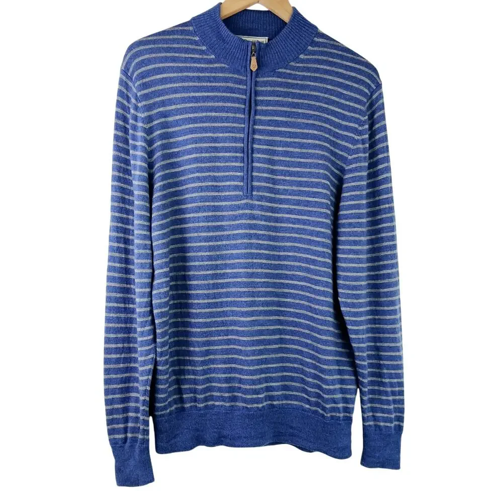 Donald Ross Men's SZ M 100% Merino Wool Blue Gray Striped 1/4 Zip Sweater - Picture 2 of 6